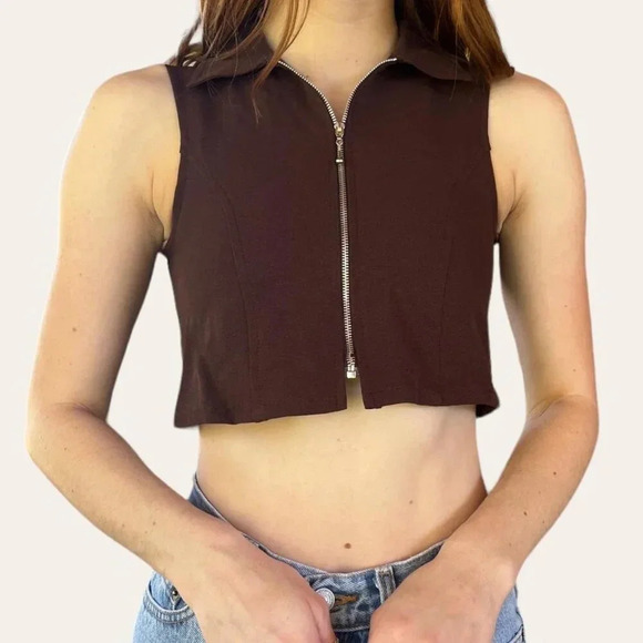 90s vintage collared zip-up brown crop top Jazz Kids/All That Jazz XXS/XS - Picture 2 of 6